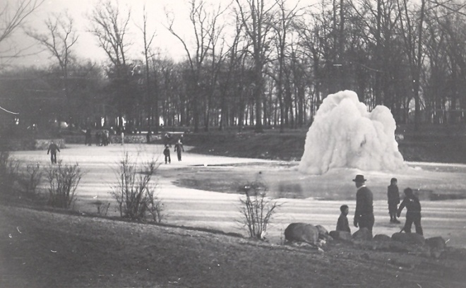 Residents spend some quality time with friends and neighbors at Westgate Park during the winter of 1943. Children are seen skating over present-day Harder Lake, while covered by a thick layer of ice. The lake was much larger during this period in time, as it was prior to the concrete basin being constructed.
